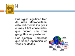 M A N
 Sus siglas significan Red
de Área Metropolitana,
esta red constituida por 2
o mas LAN conectadas,
que cubren una zona
geográfica muy extensa.
 Por ejemplo: Empresas
que tienen operación en
varias ciudades
 