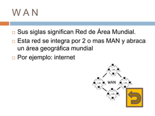 W A N
 Sus siglas significan Red de Área Mundial.
 Esta red se integra por 2 o mas MAN y abraca
un área geográfica mundial
 Por ejemplo: internet
 