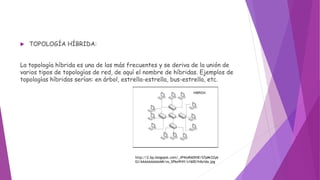  TOPOLOGÍA HÍBRIDA:
La topología híbrida es una de las más frecuentes y se deriva de la unión de
varios tipos de topologías de red, de aquí el nombre de híbridas. Ejemplos de
topologías híbridas serían: en árbol, estrella-estrella, bus-estrella, etc.
http://2.bp.blogspot.com/_tP4toRA0tHE/S7pMr22y6
GI/AAAAAAAAAAM/vo_SPke9f4Y/s1600/hibrida.jpg
 