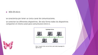  RED EN BUS:
se caracteriza por tener un único canal de comunicaciones.
se conectan los diferentes dispositivos. De esta forma todos los dispositivos
comparten el mismo canal para comunicarse entre sí.
http://usuaris.tinet.cat/acl/html_web/redes/topologia/im
ages/bus.gif
 