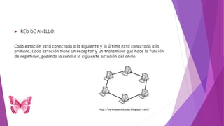  RED DE ANILLO:
Cada estación está conectada a la siguiente y la última está conectada a la
primera. Cada estación tiene un receptor y un transmisor que hace la función
de repetidor, pasando la señal a la siguiente estación del anillo.
http://vanessaacostacap.blogspot.com/
 