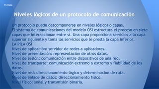 Niveles lógicos de un protocolo de comunicación 
15-Klala 
Un protocolo puede descomponerse en niveles lógicos o capas. 
El sistema de comunicaciones del modelo OSI estructura el proceso en siete 
capas que interaccionan entre sí. Una capa proporciona servicios a la capa 
superior siguiente y toma los servicios que le presta la capa inferior. 
LA PILA OSI 
Nivel de aplicación: servidor de redes a aplicadores. 
Nivel de presentación: representación de otros datos. 
Nivel de sesión: comunicación entre dispositivos de una red. 
Nivel de transporte: comunicación extremo a extremo y fiabilidad de los 
datos. 
Nivel de red: direccionamiento lógico y determinación de ruta. 
Nivel de enlace de datos: direccionamiento físico. 
Nivel físico: señal y transmisión binaria. 
 