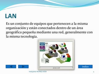 LAN
Es un conjunto de equipos que pertenecen a la misma
organización y están conectados dentro de un área
geográfica pequeña mediante una red, generalmente con
la misma tecnología.
VAZQUEZ NÚÑEZ IVÁN 5
índice
 