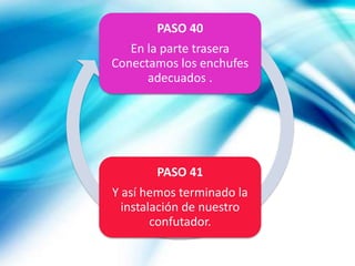 PASO 40
En la parte trasera
Conectamos los enchufes
adecuados .
PASO 41
Y así hemos terminado la
instalación de nuestro
confutador.
 
