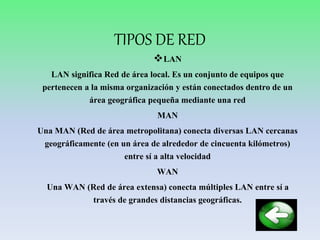 TIPOS DE RED
LAN
LAN significa Red de área local. Es un conjunto de equipos que
pertenecen a la misma organización y están conectados dentro de un
área geográfica pequeña mediante una red
MAN
Una MAN (Red de área metropolitana) conecta diversas LAN cercanas
geográficamente (en un área de alrededor de cincuenta kilómetros)
entre sí a alta velocidad
WAN
Una WAN (Red de área extensa) conecta múltiples LAN entre sí a
través de grandes distancias geográficas.
 
