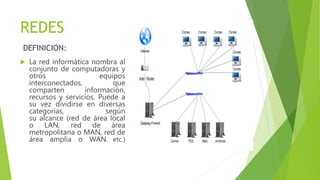 REDES
DEFINICION:
 La red informática nombra al
conjunto de computadoras y
otros equipos
interconectados, que
comparten información,
recursos y servicios. Puede a
su vez dividirse en diversas
categorías, según
su alcance (red de área local
o LAN, red de área
metropolitana o MAN, red de
área amplia o WAN, etc.)
 