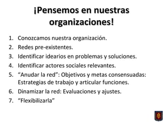 ¡Pensemos en nuestras¡Pensemos en nuestras
organizaciones!organizaciones!
1. Conozcamos nuestra organización.
2. Redes pre-existentes.
3. Identificar idearios en problemas y soluciones.
4. Identificar actores sociales relevantes.
5. “Anudar la red”: Objetivos y metas consensuadas:
Estrategias de trabajo y articular funciones.
6. Dinamizar la red: Evaluaciones y ajustes.
7. “Flexibilizarla”
 