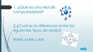 1. ¿Qué es una red de
computadores?
2.¿Cual es la diferencia entre los
siguientes tipos de redes?
WAN, MAN, LAN
 