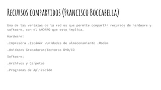 Recursoscompartidos(FranciscoBoccabella)
Una de las ventajas de la red es que permite compartir recursos de hardware y
software, con el AHORRO que esto implica.
Hardware:
.Impresora .Escáner .Unidades de almacenamiento .Modem
.Unidades Grabadoras/lectoras DVD/CD
Software:
.Archivos y Carpetas
.Programas de Aplicación
 