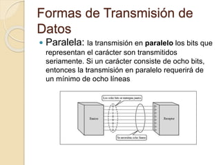 Formas de Transmisión de
Datos
 Paralela: la transmisión en paralelo los bits que
representan el carácter son transmitidos
seriamente. Si un carácter consiste de ocho bits,
entonces la transmisión en paralelo requerirá de
un mínimo de ocho líneas
 