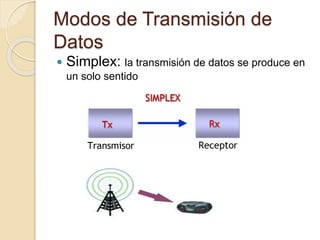 Modos de Transmisión de
Datos
 Simplex: la transmisión de datos se produce en
un solo sentido
 