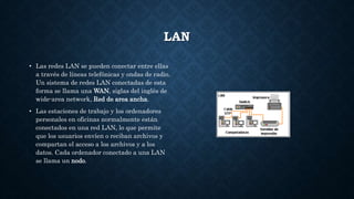 LAN
• Las redes LAN se pueden conectar entre ellas
a través de líneas telefónicas y ondas de radio.
Un sistema de redes LAN conectadas de esta
forma se llama una WAN, siglas del inglés de
wide-area network, Red de area ancha.
• Las estaciones de trabajo y los ordenadores
personales en oficinas normalmente están
conectados en una red LAN, lo que permite
que los usuarios envíen o reciban archivos y
compartan el acceso a los archivos y a los
datos. Cada ordenador conectado a una LAN
se llama un nodo.
 