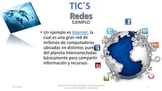 • Un ejemplo es Internet, la
cual es una gran red de
millones de computadoras
ubicadas en distintos puntos
del planeta interconectadas
básicamente para compartir
información y recursos.
20/11/2015
INSTITUTO POLITECNICO NACIONAL VALDÉS RODRÍGUEZ
LAURA Y ZÚÑIGA TORRES S. MONSERRAT
5
EJEMPLO
 