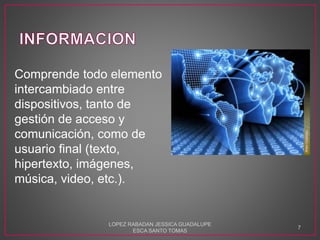 Comprende todo elemento
intercambiado entre
dispositivos, tanto de
gestión de acceso y
comunicación, como de
usuario final (texto,
hipertexto, imágenes,
música, video, etc.).
LOPEZ RABADAN JESSICA GUADALUPE
ESCA SANTO TOMAS
7
 