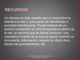 Un recurso es todo aquello que un dispositivo le
solicita a la red, y que puede ser identificado y
accedido directamente. Puede tratarse de un
archivo compartido en otra computadora dentro de
la red, un servicio que se desea consumir, una
impresora a través de la cual se quiere imprimir un
documento, información, espacio en disco duro,
tiempo de procesamiento, etc.
LOPEZ RABADAN JESSICA GUADALUPE
ESCA SANTO TOMAS
8
 
