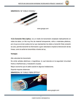 INSTUTO DE EDUCACION SUPERIOR TECNOLOGICO PÚBLICO “ABANCAY”
23
computación e informática
GRAFICO N: 12 “CABLE COAXIAL”
www.googe.com
12.3) Conexión fibra óptica.- es un medio de transmisión empleado habitualmente en
redes de datos; un hilo muy fino de material transparente, vidrio o materiales plásticos,
por el que se envían pulsos de luz que representan los datos a transmitir Esta conexión
es cara, permite transmitir la información a gran velocidad e impide la intervención de las
líneas, como la señal es transmitida a través de luz,
Ventajas:
Alta velocidad de transmisión
No emite señales eléctricas o magnéticas, lo cual redunda en la seguridad inmunidad
frente a interferencias y modulación cruzada.
Mayor economía que el cable coaxial en algunas instalaciones.
Soporta mayores distancias
GRAFICO N: 13 “CABLE FIBRA ÓPTICA”
www.google.com
 
