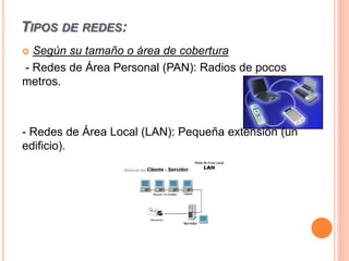 TIPOS DE REDES:
 Según su tamaño o área de cobertura
- Redes de Área Personal (PAN): Radios de pocos
metros.
- Redes de Área Local (LAN): Pequeña extensión (un
edificio).
 