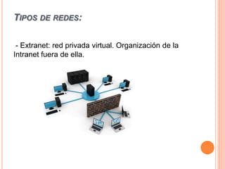 TIPOS DE REDES:
- Extranet: red privada virtual. Organización de la
Intranet fuera de ella.
 