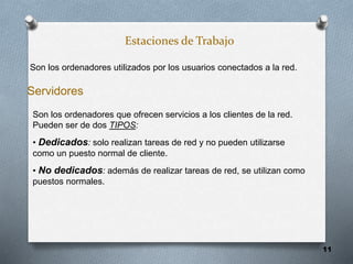 11
Estaciones de Trabajo
Servidores
Son los ordenadores utilizados por los usuarios conectados a la red.
Son los ordenadores que ofrecen servicios a los clientes de la red.
Pueden ser de dos TIPOS:
• Dedicados: solo realizan tareas de red y no pueden utilizarse
como un puesto normal de cliente.
• No dedicados: además de realizar tareas de red, se utilizan como
puestos normales.
 