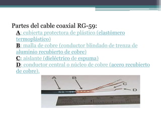 Partes del cable coaxial RG-59:
A: cubierta protectora de plástico (elastómero
termoplástico)
B: malla de cobre (conductor blindado de trenza de
aluminio recubierto de cobre)
C: aislante (dieléctrico de espuma)
D: conductor central o núcleo de cobre (acero recubierto
de cobre).
 