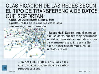 CLASIFICACIÓN DE LAS REDES SEGÚN
EL TIPO DE TRANSFERENCIA DE DATOS
QUE SOPORTAN:
08/05/2016 ESCA 1RV6 10
Redes de transmisión simple. Son
aquellas redes en las que los datos sólo
pueden viajar en un sentido.
- Redes Half-Duplex. Aquellas en las
que los datos pueden viajar en ambos
sentidos, pero sólo en uno de ellos en
un momento dado. Es decir, sólo
puede haber transferencia en un
sentido a la vez
.- Redes Full-Duplex. Aquellas en las
que los datos pueden viajar en ambos
sentidos a la vez.
 
