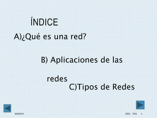 ÍNDICE
08/05/2016 ESCA 1RV6 2
A)¿Qué es una red?
B) Aplicaciones de las
redes
C)Tipos de Redes
 