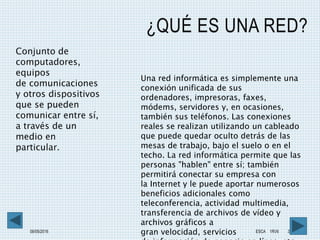 ¿QUÉ ES UNA RED?
08/05/2016 ESCA 1RV6 3
Conjunto de
computadores,
equipos
de comunicaciones
y otros dispositivos
que se pueden
comunicar entre sí,
a través de un
medio en
particular.
Una red informática es simplemente una
conexión unificada de sus
ordenadores, impresoras, faxes,
módems, servidores y, en ocasiones,
también sus teléfonos. Las conexiones
reales se realizan utilizando un cableado
que puede quedar oculto detrás de las
mesas de trabajo, bajo el suelo o en el
techo. La red informática permite que las
personas "hablen" entre sí; también
permitirá conectar su empresa con
la Internet y le puede aportar numerosos
beneficios adicionales como
teleconferencia, actividad multimedia,
transferencia de archivos de vídeo y
archivos gráficos a
gran velocidad, servicios
 