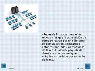 08/05/2016 ESCA 1RV6 9
-Redes de Broadcast. Aquellas
redes en las que la transmisión de
datos se realiza por un sólo canal
de comunicación, compartido
entonces por todas las máquinas
de la red. Cualquier paquete de
datos enviado por cualquier
máquina es recibido por todas las
de la red.
 