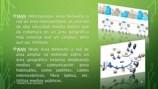 MAN (Metropolitan Area Network) o
red de área metropolitana: es una red
de alta velocidad (banda ancha) que
da cobertura en un área geográfica
más extensa que un campus, pero
aun así, limitada.
WAN (Wide Area Network) o red de
área amplia: se extiende sobre un
área geográfica extensa empleando
medios de comunicación poco
habituales, como satélites, cables
interoceánicos, fibra óptica, etc.
Utiliza medios públicos.
VERÓNICA HDEZ MAYORGA
8
 