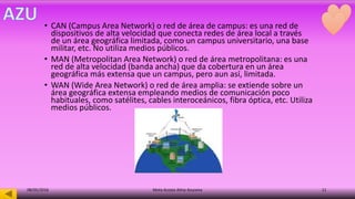 • CAN (Campus Area Network) o red de área de campus: es una red de
dispositivos de alta velocidad que conecta redes de área local a través
de un área geográfica limitada, como un campus universitario, una base
militar, etc. No utiliza medios públicos.
• MAN (Metropolitan Area Network) o red de área metropolitana: es una
red de alta velocidad (banda ancha) que da cobertura en un área
geográfica más extensa que un campus, pero aun así, limitada.
• WAN (Wide Area Network) o red de área amplia: se extiende sobre un
área geográfica extensa empleando medios de comunicación poco
habituales, como satélites, cables interoceánicos, fibra óptica, etc. Utiliza
medios públicos.
08/05/2016 Mota Acosta Alma Azucena 11
 