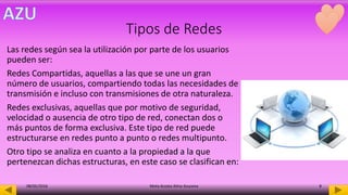 Tipos de Redes
Las redes según sea la utilización por parte de los usuarios
pueden ser:
Redes Compartidas, aquellas a las que se une un gran
número de usuarios, compartiendo todas las necesidades de
transmisión e incluso con transmisiones de otra naturaleza.
Redes exclusivas, aquellas que por motivo de seguridad,
velocidad o ausencia de otro tipo de red, conectan dos o
más puntos de forma exclusiva. Este tipo de red puede
estructurarse en redes punto a punto o redes multipunto.
Otro tipo se analiza en cuanto a la propiedad a la que
pertenezcan dichas estructuras, en este caso se clasifican en:
08/05/2016 Mota Acosta Alma Azucena 8
 