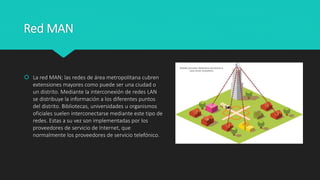 Red MAN
 La red MAN; las redes de área metropolitana cubren
extensiones mayores como puede ser una ciudad o
un distrito. Mediante la interconexión de redes LAN
se distribuye la información a los diferentes puntos
del distrito. Bibliotecas, universidades u organismos
oficiales suelen interconectarse mediante este tipo de
redes. Estas a su vez son implementadas por los
proveedores de servicio de Internet, que
normalmente los proveedores de servicio telefónico.
 