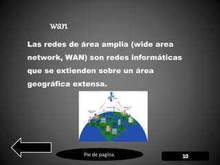 Pie de pagina.
Las redes de área amplia (wide area
network, WAN) son redes informáticas
que se extienden sobre un área
geográfica extensa.
 