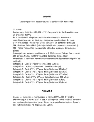 PASOS:
Los componentes necesarios para la construcción de una red :
-EL Cable:
Par trenzado de 8 hilos UTP, FTP o STP, Categoría 5, 5e, 6 o 7 recubierto de
un protector de PVC.
En lo relacionado a la protección contra interferencias eléctricas y
magnéticas tenemos las siguientes opciones y características del cable:
UTP - Unshielded Twisted Pair (pares trenzados sin pantalla o blindaje)
STP - Shielded Twisted Pair (blindajes individuales para cada par trenzado)
FTP - Foiled Twisted Pair (con pantalla o blindaje alrededor de todos los
pares)
Otras opciones menos conocidas son el ScTP (Screened Twister Pair, como el
STP pero en 4 hilos) y el SSTP (Shielded- Screened Twisted Pair)
Referente a la velocidad de transmisión tenemos las siguientes categorías de
cableado:
Categoría 1 - Cable UTP para voz (Velocidad 16 Kbps)
Categoría 2 - Cable UTP para datos (Velocidad 4 Mbps)
Categoría 3 - Cable UTP o STP para datos (Velocidad 10 Mbps)
Categoría 4 - Cable UTP o STP para datos (Velocidad 16 Mbps)
Categoría 5 - Cable UTP o STP para datos (Velocidad 100 Mbps)
Categoría 5e - Cable UTP o STP para datos (Velocidad 200 Mbps)
Categoría 6 - Cable UTP o STP para datos (Velocidad 1Gbps)
Categoría 7 - Cable UTP o STP para datos (Velocidad 10 Gbps)
NORMA A
Uno de los extremos se monta según la norma EIA/TIA 568 B y el otro
extremo según la norma EIA/TIA 568 A. Este tipo de cables se utiliza para unir
dos equipos directamente a través de sus correspondientes tarjetas de red o
dos Hubs/switch que no dispongan de Uplink.
 