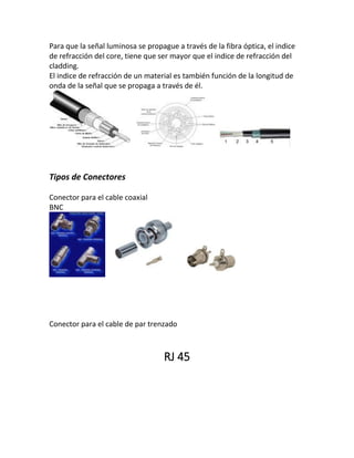 Para que la señal luminosa se propague a través de la fibra óptica, el indice
de refracción del core, tiene que ser mayor que el indice de refracción del
cladding.
El indice de refracción de un material es también función de la longitud de
onda de la señal que se propaga a través de él.
Tipos de Conectores
Conector para el cable coaxial
BNC
Conector para el cable de par trenzado
RJ 45
 