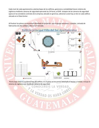 Cada nivel de cada apartamento y plantas bajas de los edificios, gerencias y contabilidad tienen sistema de
vigilancia mediante cámaras de seguridad operando las 24 horas, el DVR receptor de las cámaras de seguridad
opera en los servidores centrales de la empresa ubicado en gerencia, adicional a esto hay un dvr en cada edificio
ubicado en el Data Center.
Al finalizar los planos se encontrará detallada la cotización, con el equipo necesario a instalar, cotizado de
fabricantes de alta calidad y años en el mercado.
Edificio principal Villa del Sol Apartamentos
Planta baja: Esta es la primera fase del edificio. En el plano se encuentra detallado el equipo a instalar, incluye el
sistema de vigilancia por medio de cámaras de seguridad.
 