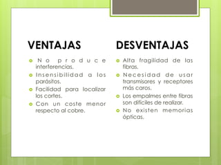 VENTAJAS DESVENTAJAS
›  N o p r o d u c e
interferencias.
›  I n s e n s i b i l i d a d a l o s
parásitos.
›  Facilidad para localizar
los cortes.
›  Con un coste menor
respecto al cobre.
›  Alta fragilidad de las
fibras.
›  N e c e s i d a d d e u s a r
transmisores y receptores
más caros.
›  Los empalmes entre fibras
son difíciles de realizar.
›  No existen memorias
ópticas.
 