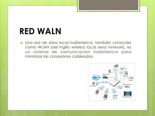 RED WALN
›  Una red de área local inalámbrica, también conocida
como WLAN (del inglés wireless local area network), es
un sistema de comunicación inalámbrico para
minimizar las conexiones cableadas.
 