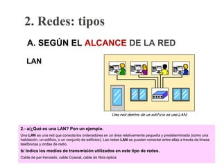 2. Redes: tipos
LAN
2.- a/¿Qué es una LAN? Pon un ejemplo.
Una LAN es una red que conecta los ordenadores en un área relativamente pequeña y predeterminada (como una
habitación, un edificio, o un conjunto de edificios). Las redes LAN se pueden conectar entre ellas a través de líneas
telefónicas y ondas de radio.
b/ Indica los medios de transmisión utilizados en este tipo de redes.
Cable de par trenzado, cable Coaxial, cable de fibra óptica
A. SEGÚN EL ALCANCE DE LA RED
 