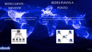 REDES CLIENTE-
SERVIDOR
Son redes enlas que uno o más ordenadores (SERVIDORES), son los
que controlan yproporcionan recursosy servicios a otros
(CLIENTES).
REDES PUNTOA
PUNTO
Son redes enlas que todos los ordenadores tienen el mismo estatus en la red y
deciden que recursos yservicios dan al resto. Cada PC puede hacerdeCLIENTEo
SERVIDOR.
 