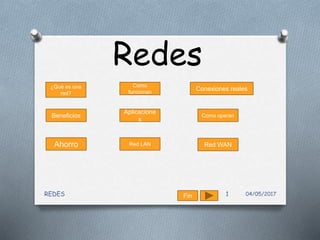 Redes
04/05/2017REDES 1
¿Qué es una
red?
Como
funcionan
Conexiones reales
Aplicacione
s
Beneficios
Ahorro Red LAN Red WAN
Como operan
Fin
 