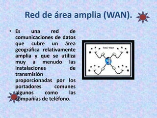 Red de área amplia (WAN).
• Es una red de
comunicaciones de datos
que cubre un área
geográfica relativamente
amplia y que se utiliza
muy a menudo las
instalaciones de
transmisión
proporcionadas por los
portadores comunes
algunos como las
compañías de teléfono.
 