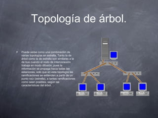 Topología de árbol.
Puede verse como una combinación de
varias topologías en estrella. Tanto la de
árbol como la de estrella son similares a la
de bus cuando el nodo de interconexión
trabaja en modo difusión, pues la
información se propaga hacia todas las
estaciones, solo que en esta topología las
ramificaciones se extienden a partir de un
punto raíz (estrella), a tantas ramificaciones
como sean posibles, según las
características del árbol.
 