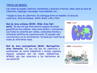TIPOS DE REDES
Las redes se pueden clasificar atendiendo a diversos criterios, tales como su área de
cobertura, topología, tecnología, funcionalidad, etc.
Según su área de cobertura: Se distingue entre el tamaño o el área de
cobertura, diferenciándose: WAN, MAN, LAN y PAN
Red de área metropolitana (MAN, Metropolitan
Area Network). Es una red que da cobertura a
extensiones de varios kilómetros o incluso regiones.
Algunos ejemplos son las redes inalámbricas
WiMAX, que dan cobertura a los habitantes de
una población
Red de área extensa (WAN, Wide Area Net-
work). Es una red que interconecta equipos de áreas
geográficas muy amplias, tales como países o continentes.
Las redes se conectan por cables, conexiones móviles y
utilizando satélites de comunicaciones. El ejemplo más
característico es la red Internet, formada por multitud de
redes de diferentes tipos.
 