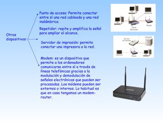 Otros
dispositivos:
Punto de acceso: Permite conectar
entre sí una red cableada y una red
inalámbrica
Repetidor: repite y amplifica la señal
para ampliar el alcance.
Servidor de impresión: permite
conectar una impresora a la red.
Modem: es un dispositivo que
permite a los ordenadores
comunicarse entre sí a través de
líneas telefónicas gracias a la
modulación y demodulación de
señales electrónicas que pueden ser
procesadas. Los módems pueden ser
externos o internos. Lo habitual es
que en casa tengamos un modem-
router.
 