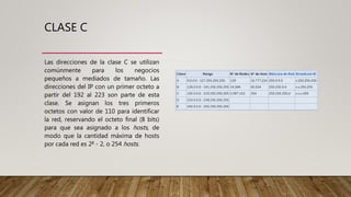 CLASE C
Las direcciones de la clase C se utilizan
comúnmente para los negocios
pequeños a mediados de tamaño. Las
direcciones del IP con un primer octeto a
partir del 192 al 223 son parte de esta
clase. Se asignan los tres primeros
octetos con valor de 110 para identificar
la red, reservando el octeto final (8 bits)
para que sea asignado a los hosts, de
modo que la cantidad máxima de hosts
por cada red es 28 - 2, o 254 hosts.
 