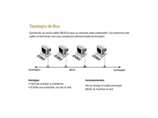Topología de Bus
Consta de un único cable (BUS) al que se conecta cada ordenador. Los extremos del
cable se terminan con una resistencia denominada terminador.
Ventajas:
• Fácil de instalar y mantener.
• Si falla una estación, no cae la red.
Inconvenientes:
•Si se rompe el cable principal
(BUS) se inutiliza la red.
 