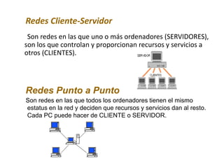 Redes Cliente-Servidor
Son redes en las que uno o más ordenadores (SERVIDORES),
son los que controlan y proporcionan recursos y servicios a
otros (CLIENTES).
Redes Punto a Punto
Son redes en las que todos los ordenadores tienen el mismo
estatus en la red y deciden que recursos y servicios dan al resto.
Cada PC puede hacer de CLIENTE o SERVIDOR.
 