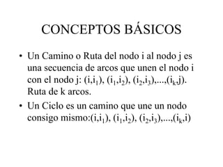 CONCEPTOS BÁSICOS
• Un Camino o Ruta del nodo i al nodo j es
una secuencia de arcos que unen el nodo i
con el nodo j: (i,i1), (i1,i2), (i2,i3),...,(ik,j).
Ruta de k arcos.
• Un Ciclo es un camino que une un nodo
consigo mismo:(i,i1), (i1,i2), (i2,i3),...,(ik,i)
 