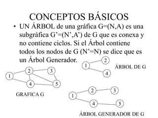 CONCEPTOS BÁSICOS
• UN ÁRBOL de una gráfica G=(N,A) es una
subgráfica G’=(N’,A’) de G que es conexa y
no contiene ciclos. Si el Árbol contiene
todos los nodos de G (N’=N) se dice que es
un Árbol Generador.

 


GRAFICA G 
 


ÁRBOL GENERADOR DE G



ÁRBOL DE G
 